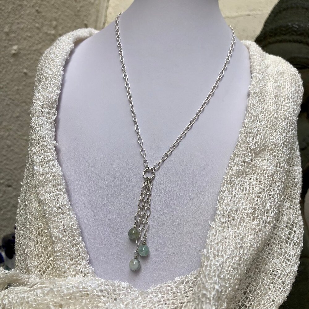 Sterling Silver chain necklace with Aquamarine bead tassel